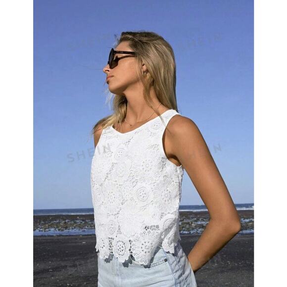 SHEIN Tops - SHEIN VCAY Solid Guipure White Lace Blouse - XL